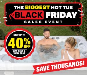 Sunset Spas showroom in Tucson showcasing Black Friday hot tub deals and accessories.