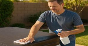 hot-tub-cover-being-cleaned-in-backyard