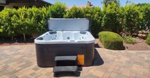 Desert backyard with a hot tub