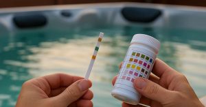 testing spa water with test strip beside balanced spa