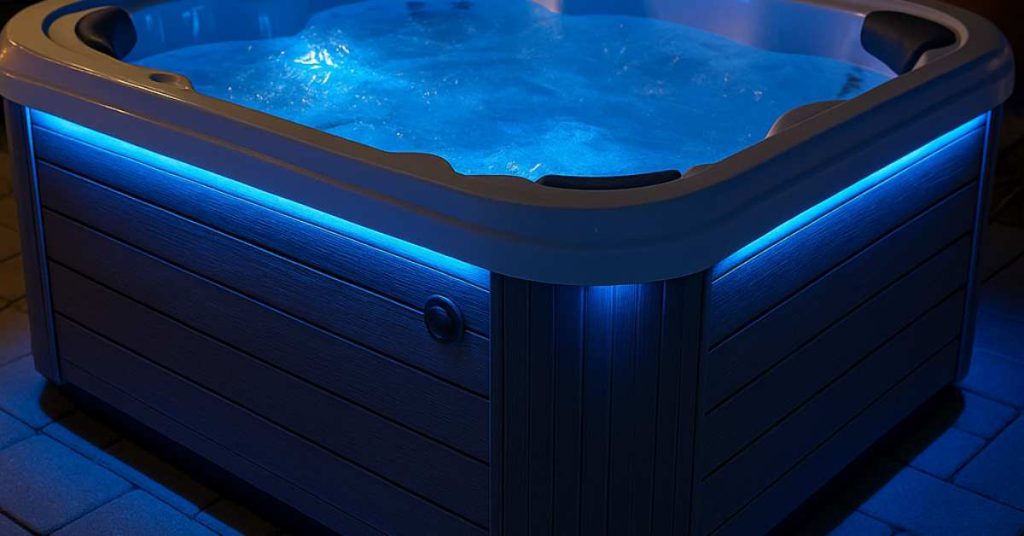 Hot tub with glowing LED lighting illuminating its exterior cabinet and surrounding area, creating an inviting ambiance.