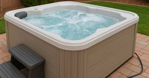 Plug-and-play hot tub on a backyard patio