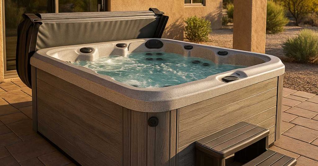 Plug-and-play hot tub installed on a backyard patio under Arizona sunlight