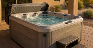 Plug-and-play hot tub installed on a backyard patio under Arizona sunlight
