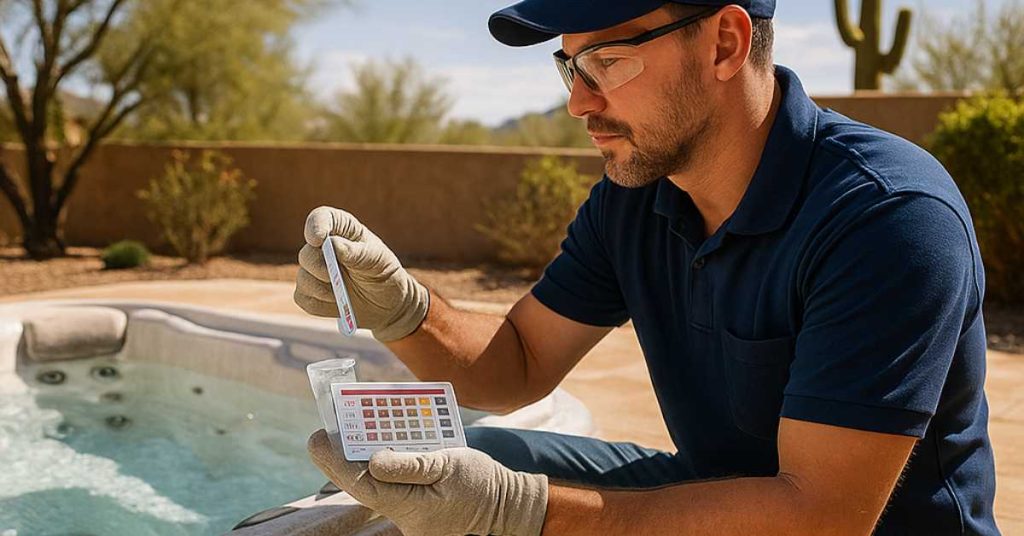 Technician checking hot tub chemicals on a sunny Goodyear patio