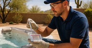 Technician checking hot tub chemicals on a sunny Goodyear patio