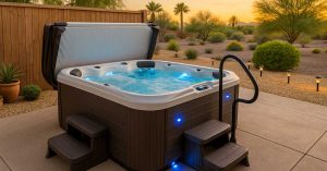 backyard hot tub surrounded by accessories like cover lifter, steps, and LED lights under Arizona sunlight
