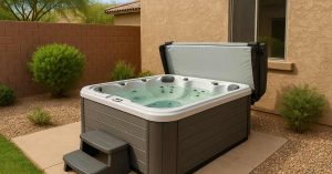 Compact outdoor hot tub installed on small patio in Goodyear Arizona home