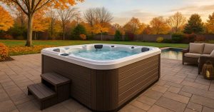 backyard hot tub with autumn leaves and winter sky, symbolizing off-season hot tub sale
