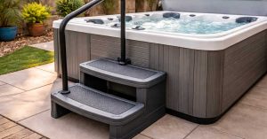 image of a sturdy spa steps and safety handrails installed next to a backyard hot tub