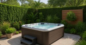image of a backyard spa retreat with hot tub surrounded by greenery and privacy elements
