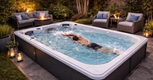 image of a compact swim spa installed in a small backyard with exercise swimmer and relaxation zone gmb