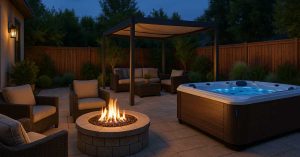 image of backyard patio with a cozy fire pit, luxurious hot tub, and stylish shade canopy