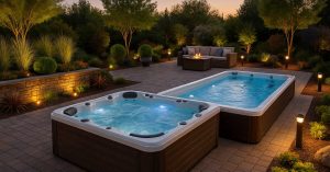 image of backyard patio with integrated hot tub and swim spa surrounded by landscaping and lighting gmb