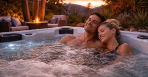 image of couple relaxing in a hot tub outdoors at sunset during a cool Southwest winter evening