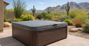 image of desert backyard hot tub with energy‑efficient cover and insulation in sunny conditions