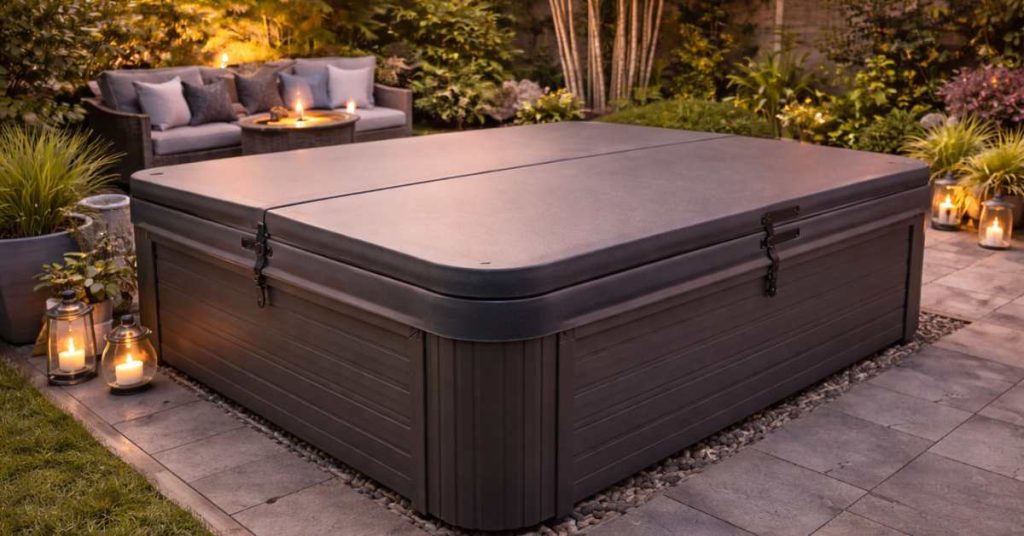 image of high-quality hot tub with UV-resistant insulated cover in backyard setting
