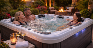 image of luxurious quality hot tub in backyard with sunset lighting and people relaxing