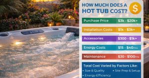 image of luxury hot tub in backyard showing price estimate infographic and cost factors