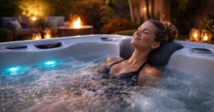 image of person relaxing in a hot tub at twilight to improve sleep and promote relaxation