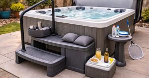 image of premium hot tub accessories including steps, cover lifter, and spa pillows around a backyard hot tub