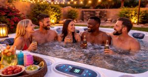 group of friends enjoying a hot tub party in a backyard at sunset with safety lighting and refreshments
