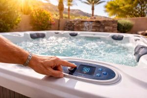 horizontal image of person adjusting spa controls to manage water temperature under bright desert sun gmb