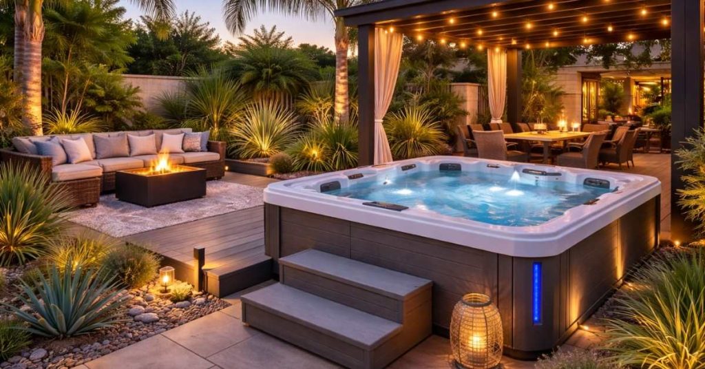 image of a backyard hot tub oasis with shade structure, desert landscaping, ambient lighting, and comfortable seating