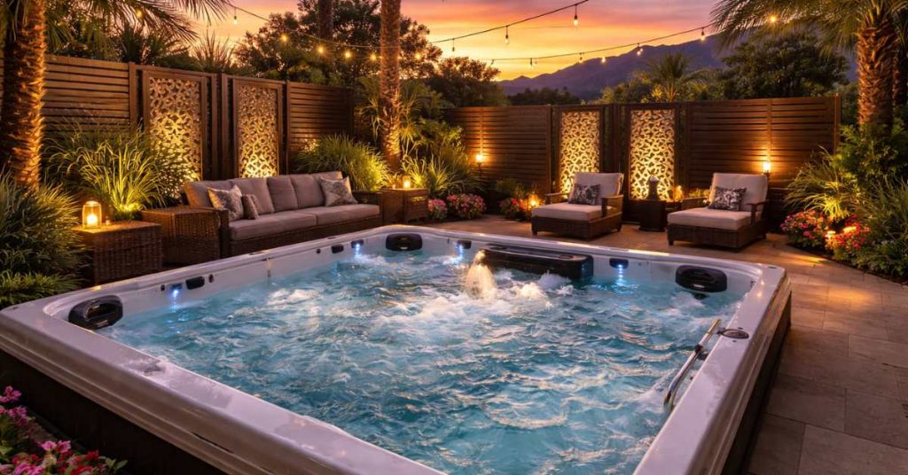 image of backyard hot tub in Tucson designed with privacy screens, seating, and ambient lighting at sunset