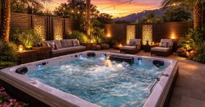 image of backyard hot tub in Tucson designed with privacy screens, seating, and ambient lighting at sunset