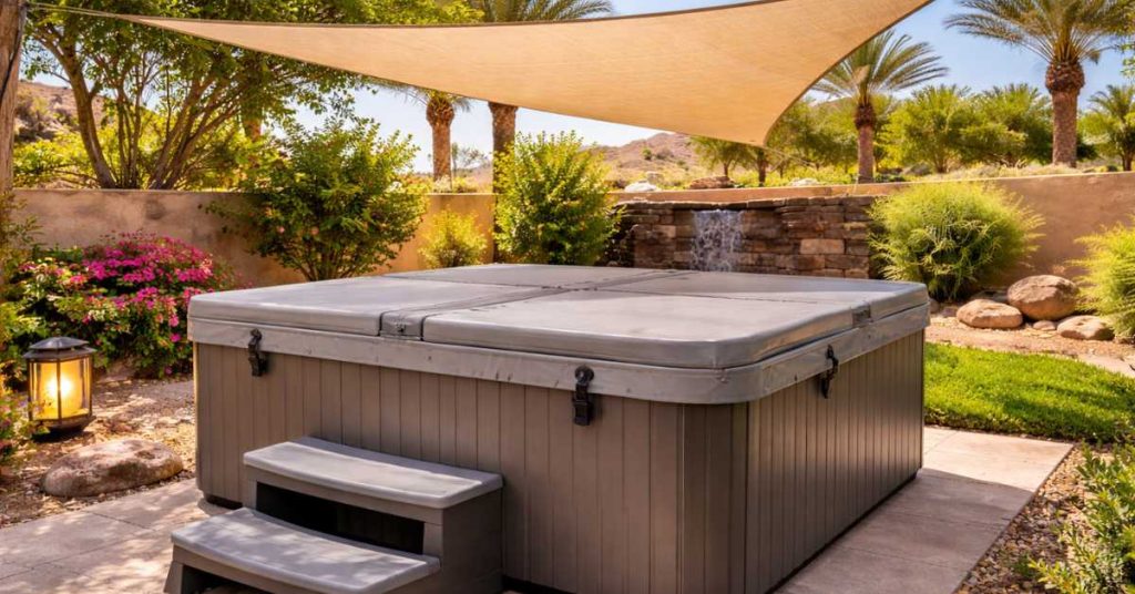 image of hot tub outdoors in Goodyear weather with protective cover and sun shade accessories