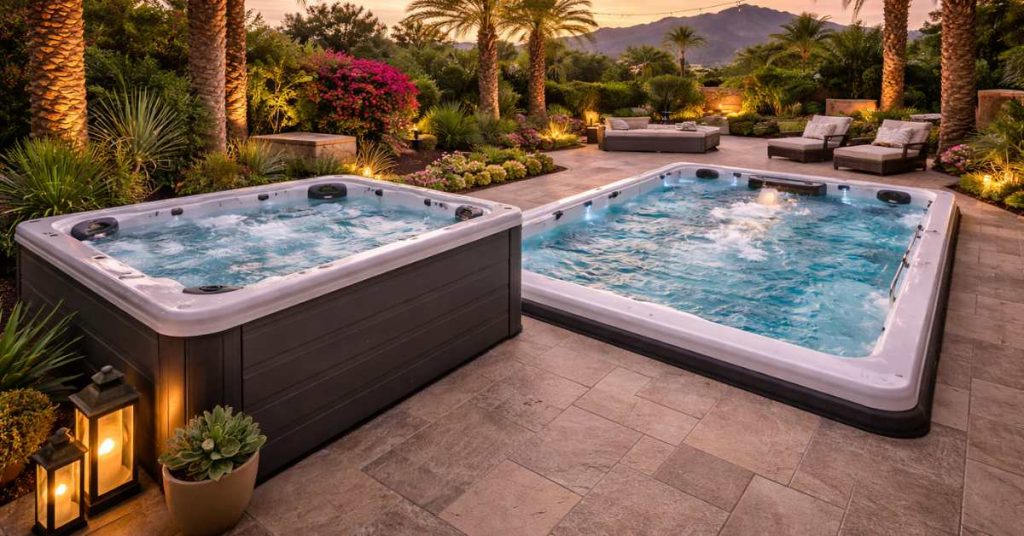 image of ide-by-side comparison of a backyard hot tub and a swim spa at a Mesa home with desert landscaping