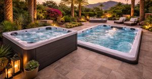 image of ide-by-side comparison of a backyard hot tub and a swim spa at a Mesa home with desert landscaping