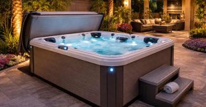 image of modern hot tub with luxury seating, energy-efficient cover and LED lighting in a Glendale backyard