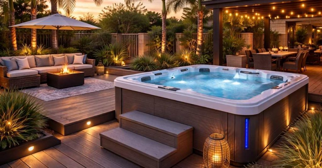 image of upscale backyard hot tub in Chandler with stylish deck, LED lighting, and lounge area at sunset