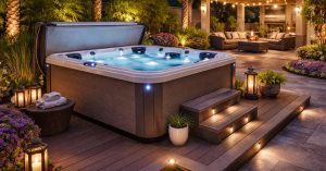 image of upscale backyard hot tub setup in Chandler with stylish deck, LED lighting, and ambiance enhancements