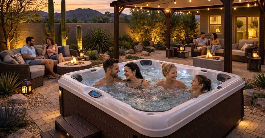 Backyard hot tub setup with desert landscaping, shade structure, soft lighting, and seating in an Arizona home