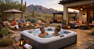 Modern backyard hot tub installed in a Tucson Arizona home with desert landscaping and patio seating