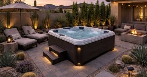 Modern backyard hot tub with desert landscaping, pavers, and privacy plants in Arizona home
