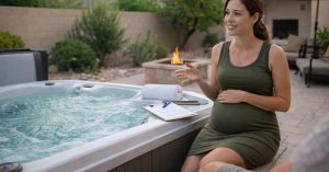 a Pregnant woman relaxing beside a backyard hot tub while discussing spa safety and alternatives during pregnancy