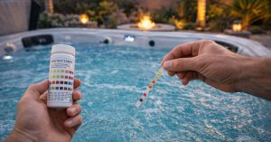 a person Testing hot tub water with spa test strips