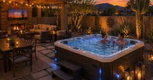 Backyard hot tub in Mesa Arizona with desert landscaping and cozy evening setup