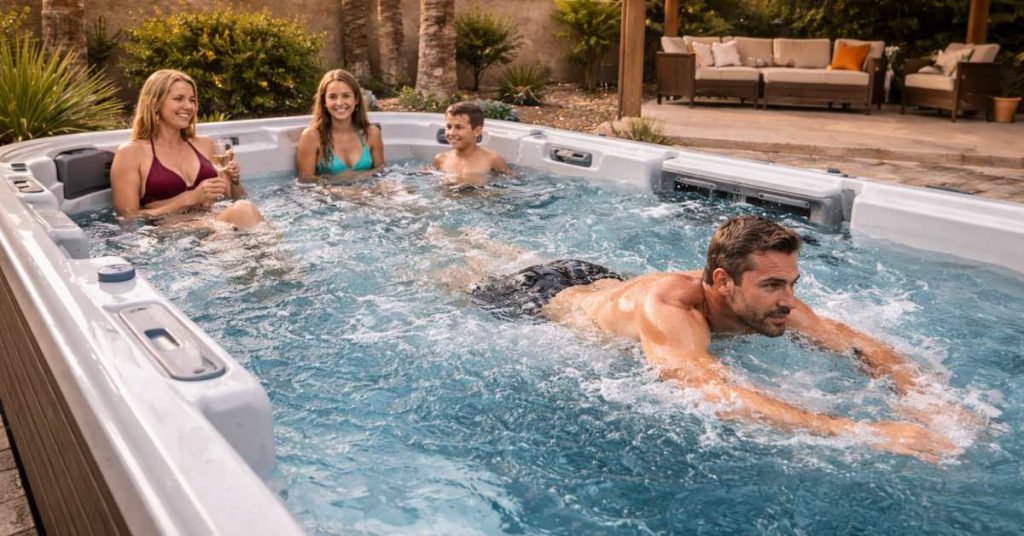 Family enjoying a swim spa in a Goodyear backyard with both relaxation seating and swim area