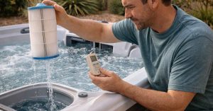 Homeowner checking hot tub water and cleaning filter during seasonal maintenance in a Glendale backyard