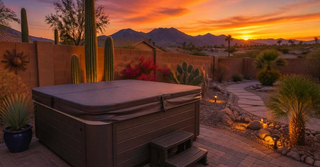 Hot tub in Glendale Arizona backyard with desert landscaping and protective cover at sunset