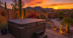 Hot tub in Glendale Arizona backyard with desert landscaping and protective cover at sunset