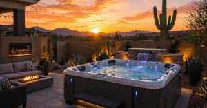 Modern backyard hot tub setup in Chandler Arizona desert landscape at sunset