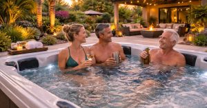 Modern backyard spa installed in a Goodyear Arizona home with patio seating and desert landscaping