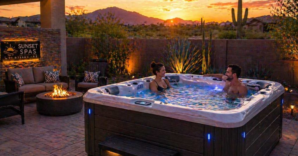 Modern hot tub installed in Goodyear backyard with seating and relaxing jet features