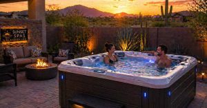 Modern hot tub installed in Goodyear backyard with seating and relaxing jet features